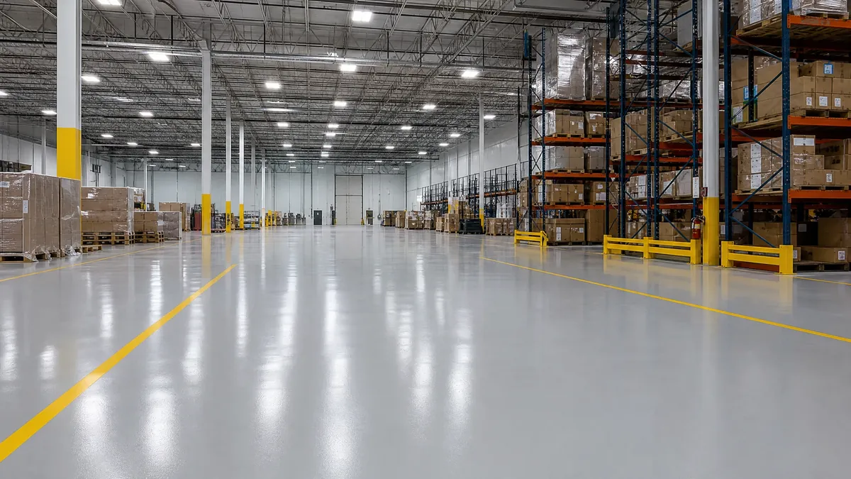 Commercial warehouse epoxy flooring concept with safety markings