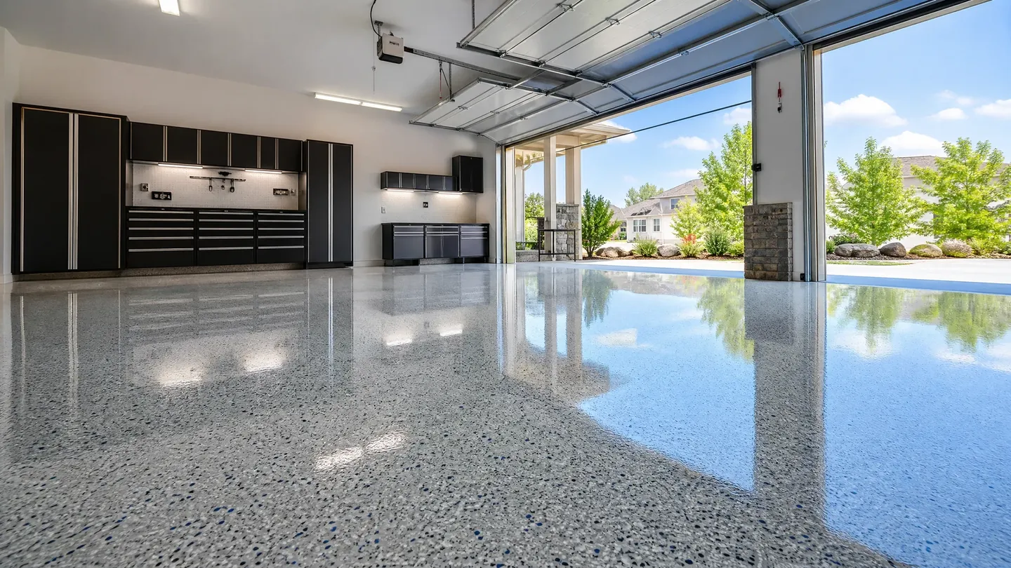 Polyaspartic decorative flake garage floor concept