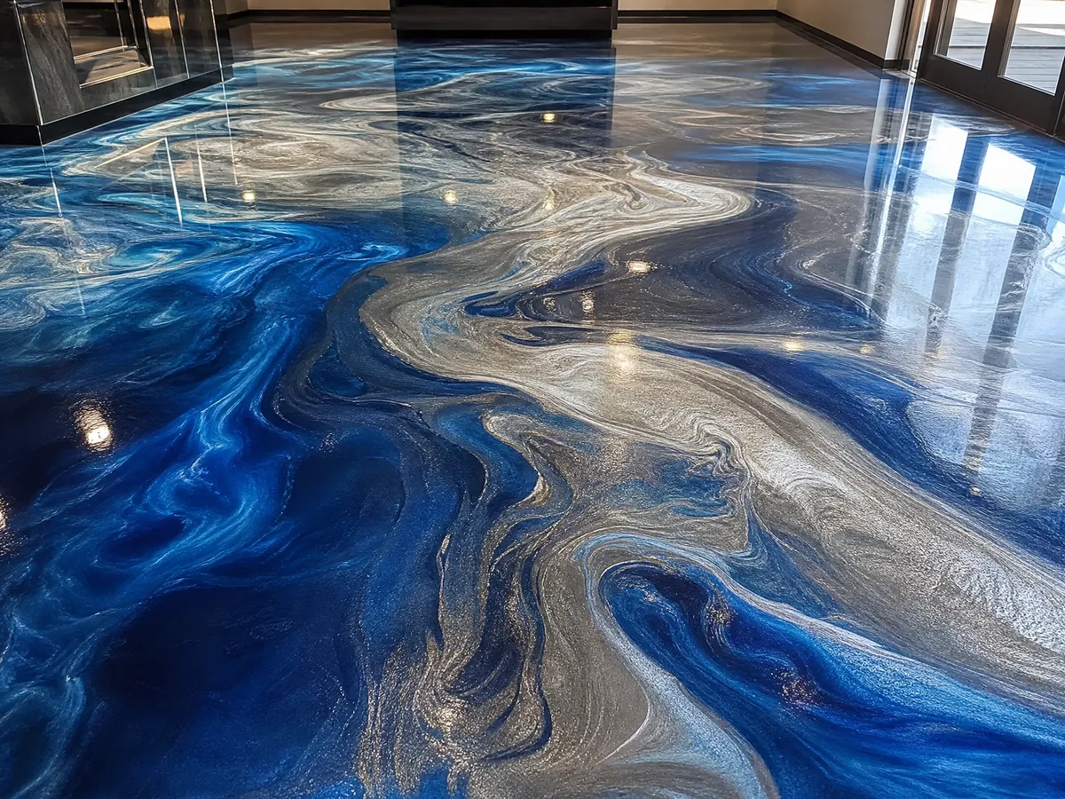 Blue and silver metallic epoxy floor concept