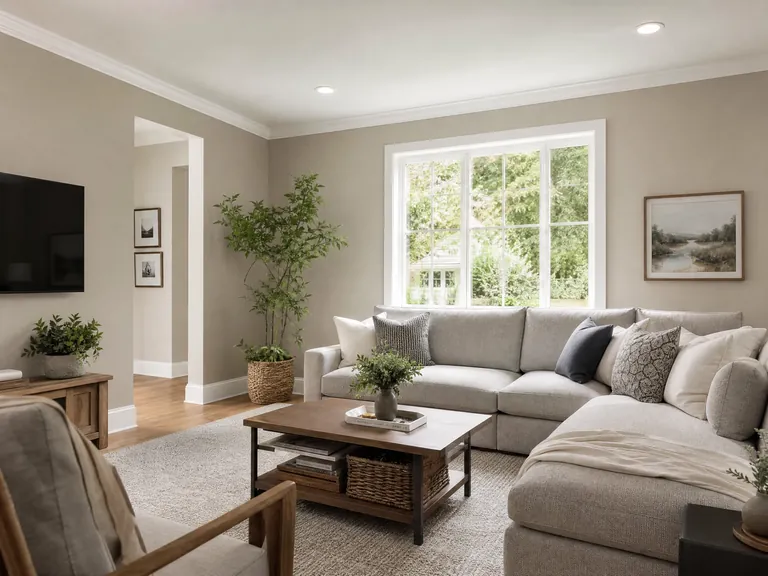 Living room colour inspiration with warm walls and white trim